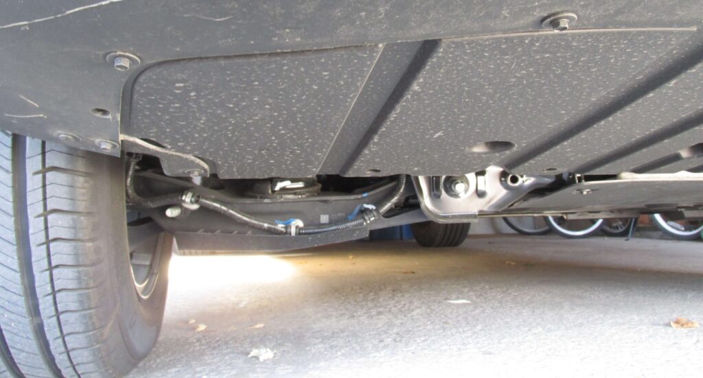 Underside of a 2025 Chevy Equinox EV, before adding hitch.